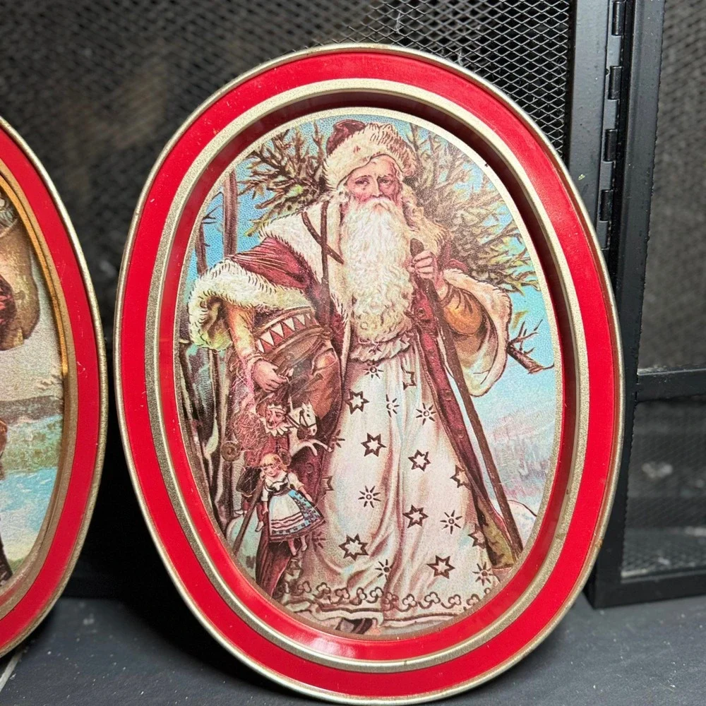Vintage Santa Claus Father Christmas Oval Metal Tin Serving Trays Set of 2 Red